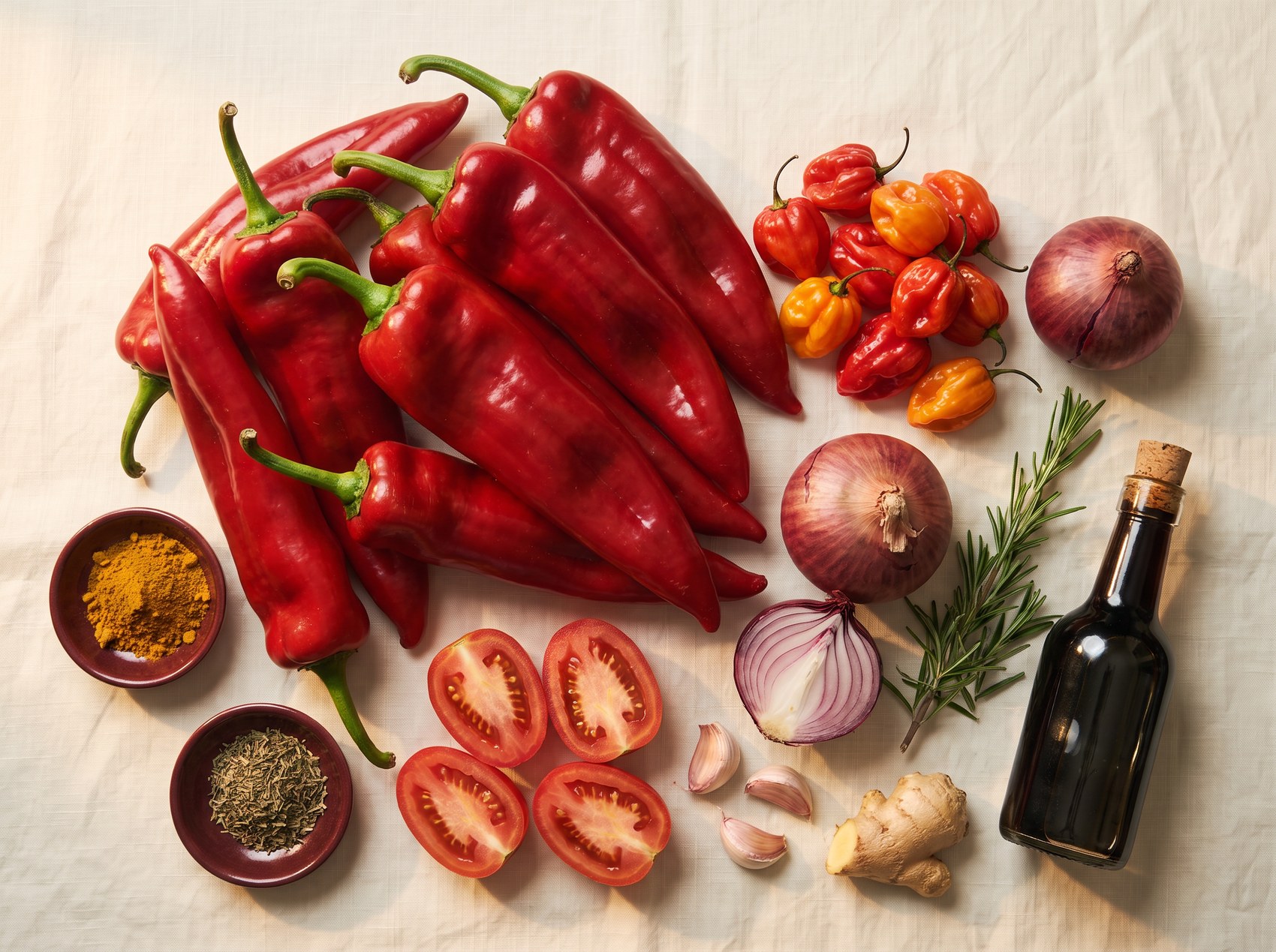 Tatashe peppers, scotch bonnet, onions and tomatoes